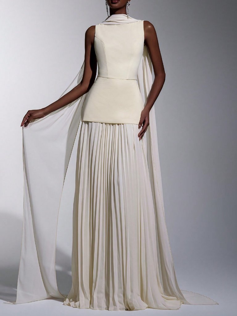 Elegant Women's Boat Neck Sleeveless A-Line Pleated Maxi Dress